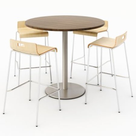 KFI KFI 42" Round Dining Table & 4 Barstool Set, Studio Teak Table With Natural Stools T42RD-B1922SL-38-7960K-BR9333-4-NA